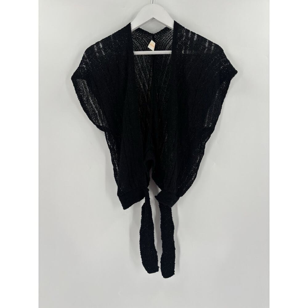 Vintage Glentey Cardigan Sweater Womens Small Medium Black Open Knit Tie Front